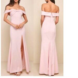 Lulus Elegant Perception Light Pink Off-the-Shoulder Bow Maxi Dress Medium NWOT